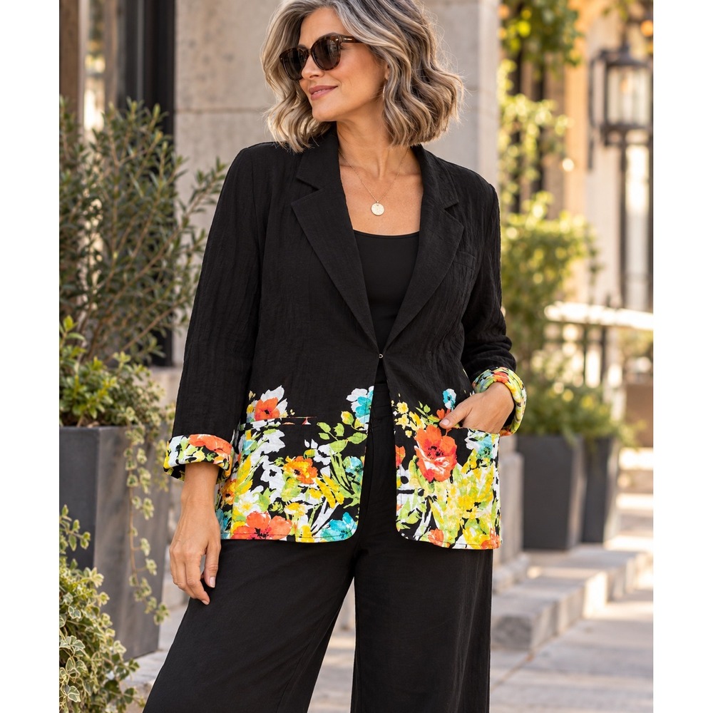 Multiples XL Black Floral Blazer Jacket Artsy Colorful Lightweight Rayon